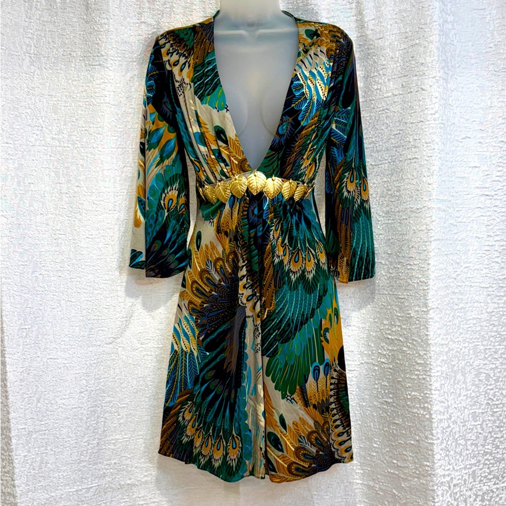 RARE Stunning NWT SKY L Peacock Print Deep V-Neck Dress Green Gold RHOC ASOS